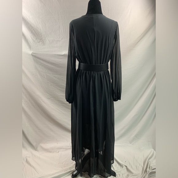 Black Floral Embroidery Lantern Sleeve Dress Without Belt - Picture 9 of 9